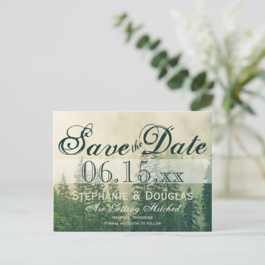 Rustic Mountain Forest Pine Trees Save the Date Aankondigingskaart (Staand voorkant)
