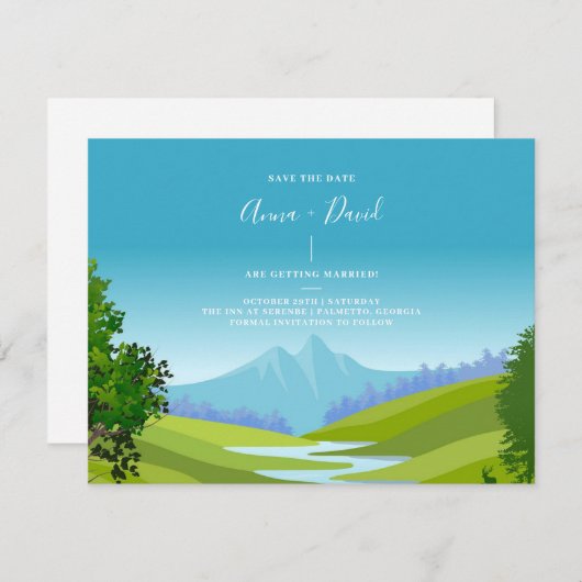 Rustic Mountain Forest Scenery Save the Date Kaart (Voorkant / Achterkant)