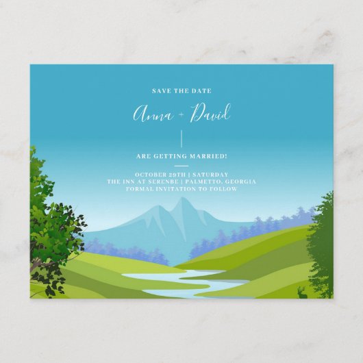 Rustic Mountain Forest Scenery Save the Date Kaart (Voorkant)