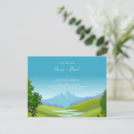 Rustic Mountain Forest Scenery Save the Date Kaart (Staand voorkant)