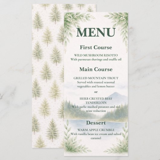 Rustic Mountain Forest Watercolor Wedding Menu (Devant / Derrière)