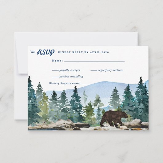 Rustic Mountain Forest Wedding RSVP Aankondiging (Voorkant)