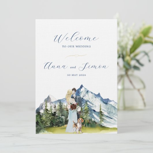 Rustic Mountain geïllustreerde bruiloft Kaart (Staand voorkant)