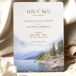 Rustic Mountain Lake Enregistrer la carte Date Lak<br><div class="desc">Préparez la scène pour votre mariage de lac de montagne avec notre carte Rustic Mountain Lake Save the Date, illustrant magnifiquement le paysage serein du lac Tahoe. L'avant présente une typographie élégante dans les tons terre taupe, beige et marron sablonneux, complétée par une aquarelle illustrant le lac immaculé entouré de...</div>