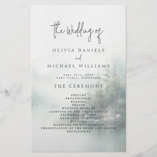 Rustic Mountain Lake Misty Pines Wedding Program Flyer (Voorkant)