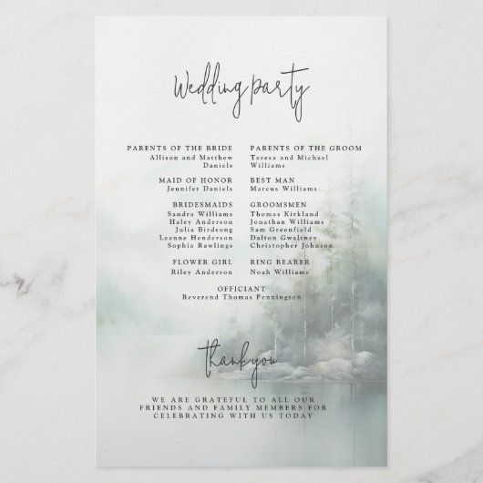 Rustic Mountain Lake Misty Pines Wedding Program Flyer (Achterkant)