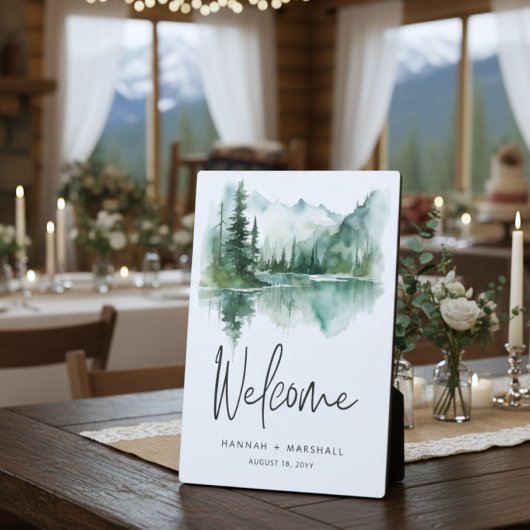 Rustic Mountain Lake Scene Watercolor Wedding Fotoplaat