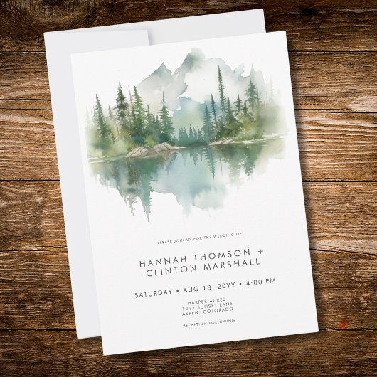 Rustic Mountain Lake Scene Watercolor Wedding Kaart