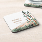 Rustic Mountain Landscape, Fog, Pine Trees Wedding Bier Onderzetter (Linkerzijde)