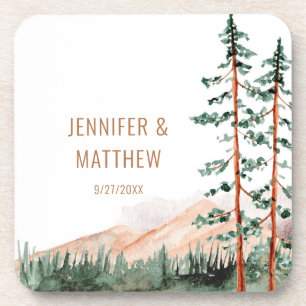 Rustic Mountain Landscape, Fog, Pine Trees Wedding Bier Onderzetter