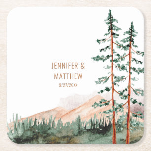 Rustic Mountain Landscape, Fog, Pine Trees Wedding Vierkante Kartonnen Onderzetter