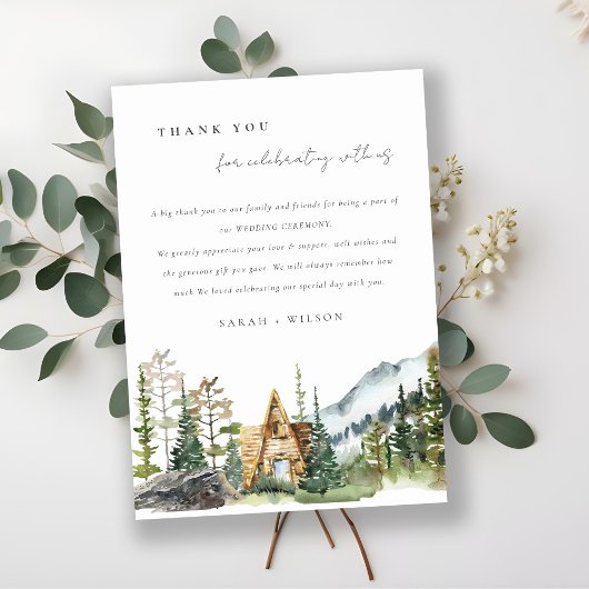 Rustic Mountain Pine Forest Wood Cabin Wedding Bedankkaart