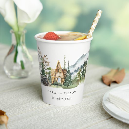 Rustic Mountain Pine Forest Wood Cabin Wedding Papieren Bekers (Insitu)