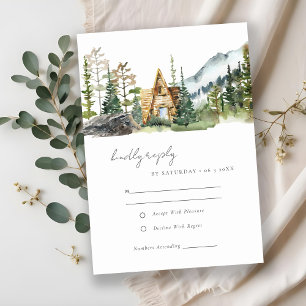 Rustic Mountain Pine Forest Wood Cabin Wedding RSVP Kaartje