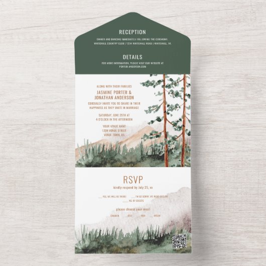 Rustic Mountain Pine Tree voor bruiloft QR-code All In One Uitnodiging (Binnen)