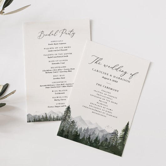 Rustic Mountain Pine Tree Wedding Programme