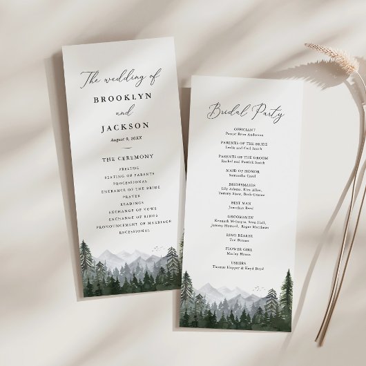 Rustic Mountain Pine Tree Wedding Programme