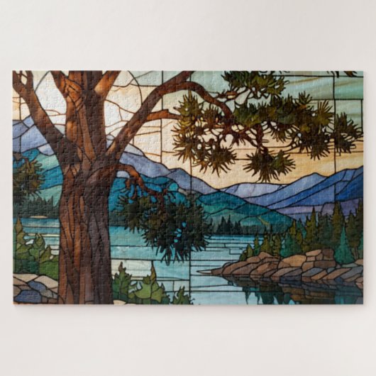 Rustic mountain range landscape stain glass  legpuzzel (Horizontaal)