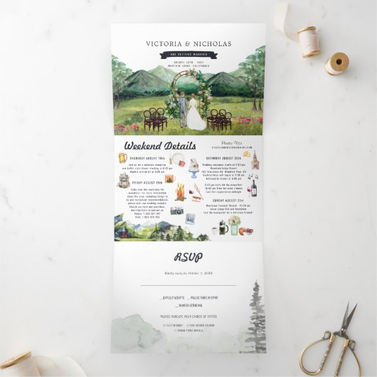 Rustic Mountain River Forest | Illustratief huweli Drieluik Uitnodiging (Binnen)