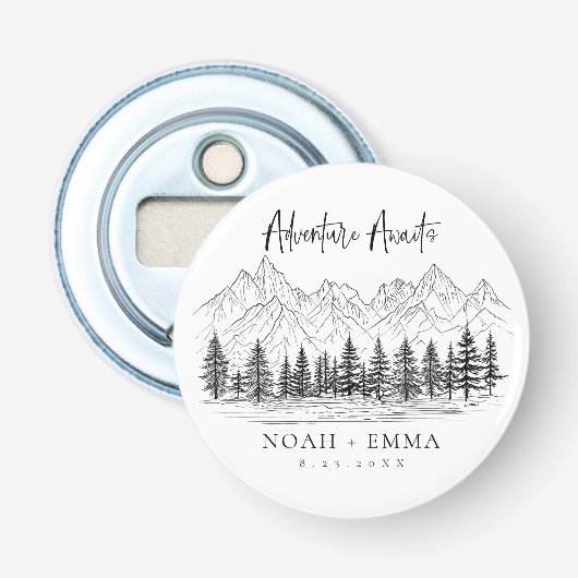 Rustic Mountain Sketch Woodland Pine Wedding Button Flesopener (Voorkant)