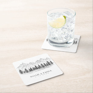 Rustic Mountain Sketch Woodland Pine Wedding Vierkante Kartonnen Onderzetter