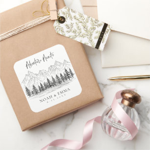 Rustic Mountain Sketch Woodland Pine Wedding Vierkante Sticker