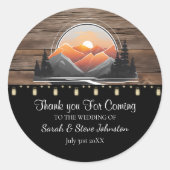 Rustic Mountain Valley Forest Sunset Wedding Favor Ronde Sticker (Voorkant)
