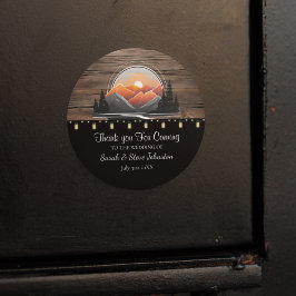 Rustic Mountain Valley Forest Sunset Wedding Favor Ronde Sticker