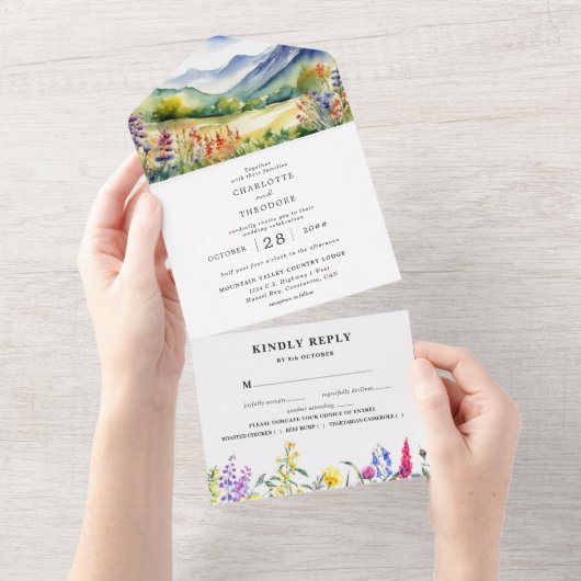 Rustic Mountain Wildflower | Boho Wedding All In One Uitnodiging (Afscheurbaar)