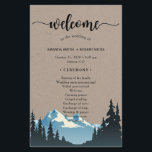 Rustic Mountain Woodland Forest Wedding Programme<br><div class="desc">Belle feuille de papier du programme MOUNTAIN WEDDING avec une aquarelle en silhouette arborée et un grand "bienvenue" dans un script élégant ainsi que les détails du programme de mariage sur un arrière - plan rustique texturé kraft pour vous de personnaliser.</div>