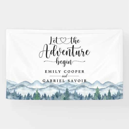 Rustic Mountains Forest Waterverf Wedding Spandoek (Horizontaal)