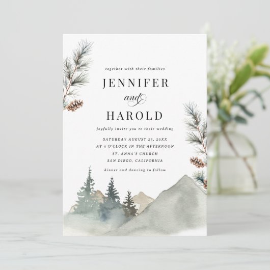 Rustic Mountains Pine Tree Forest Natuur bruiloft Kaart (Staand voorkant)