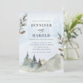 Rustic Mountains Pine Tree Snow Forest Wedding Kaart (Staand voorkant)