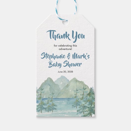 Rustic Mountains Waterverf Adventure Baby shower Cadeaulabel (Voorkant)