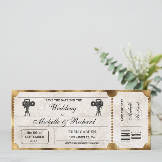 Rustic  Movie Ticket Bewaar de Datum Kaart (Staand voorkant)