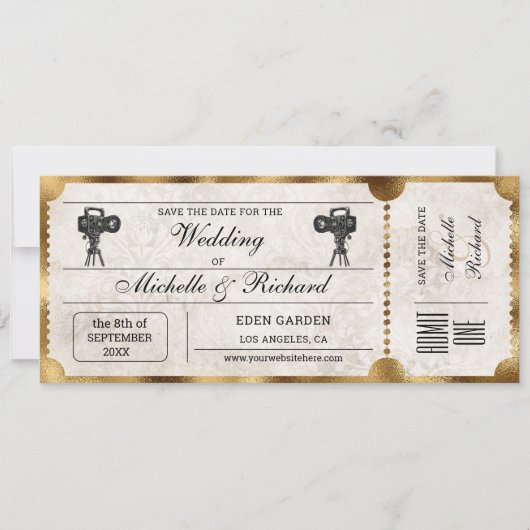 Rustic  Movie Ticket Bewaar de Datum Kaart (Voorkant)