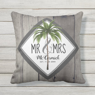 Rustic Mr. en Mrs Grey Monogram Palm Tree Pas getr Buitenkussen