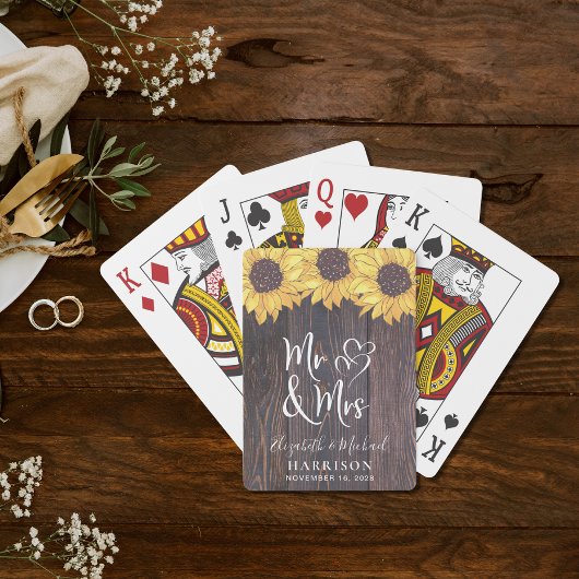 Rustic Mr. en Mrs Sunflower Wedding Pokerkaarten