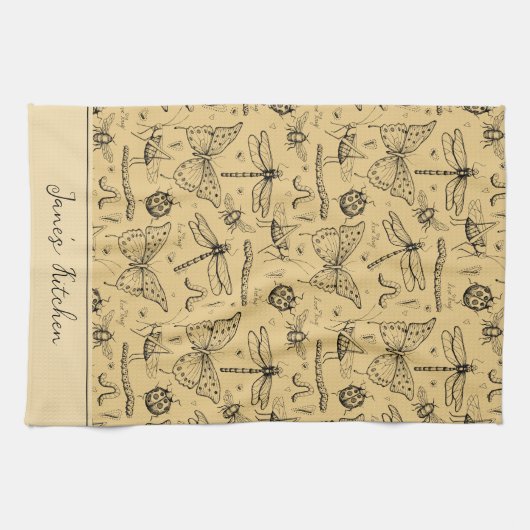 Rustic Mustard Geel en Zwart Insect Theedoek (Horizontaal)