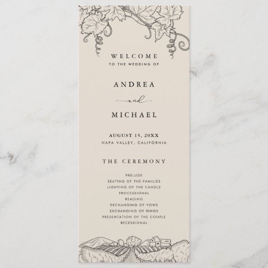 Rustic Napa Valley Winery Vineyard Wedding Programma (Voorkant)