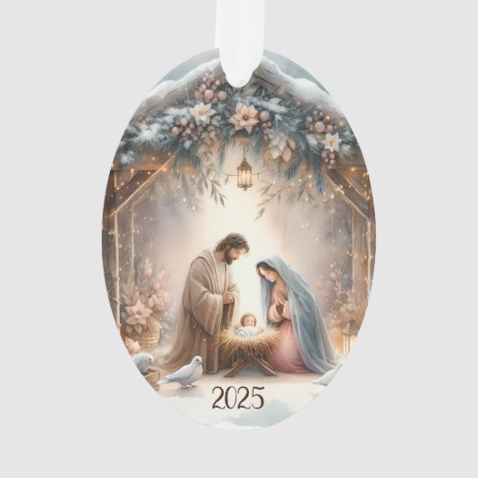 Rustic Nativity Scene with Winter Florals Card Ornament (achterkant)