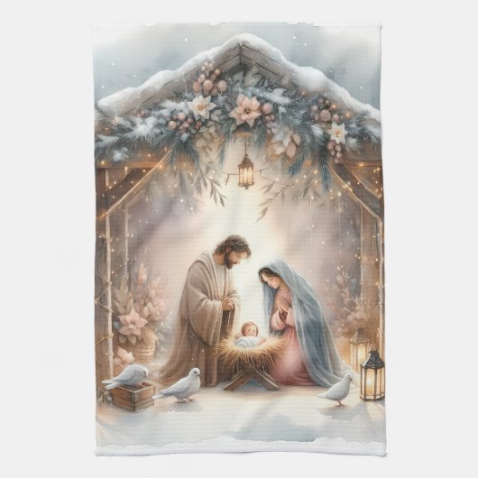 Rustic Nativity Scene with Winter Florals Theedoek (Verticaal)