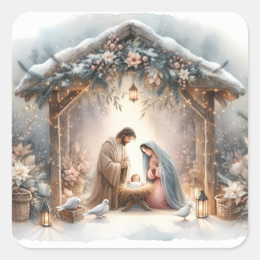 Rustic Nativity Scene with Winter Florals Vierkante Sticker (Voorkant)