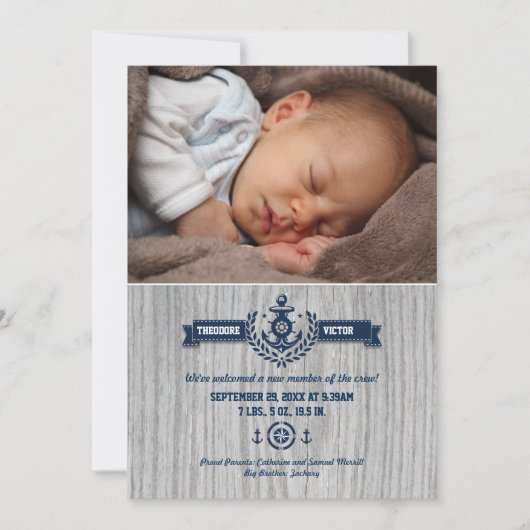 Rustic Nautical Baby Photo Birth Aankondiging (Voorkant)
