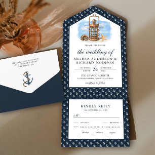 Rustic Nautical Lantern Navy Blue Wedding All In One Uitnodiging
