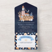 Rustic Nautical Lighthouse Navy Blue Baby shower All In One Uitnodiging (Binnen)