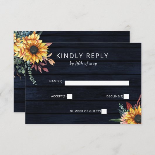 Rustic Navy Barn Wood Country Sunflower Weddenscha RSVP Kaartje (Voorkant / Achterkant)