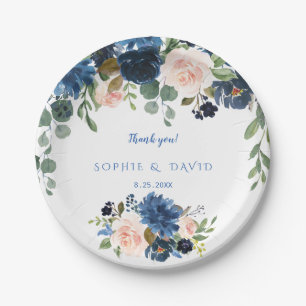Rustic Navy Blauwe Bloemen Bloeien Trouwen Papieren Bordje
