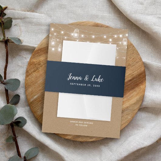 Rustic Navy Blauwe Huwelijk Uitnodigingen Wikkel