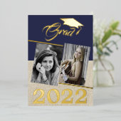 Rustic Navy Blue Afstuderen 2 Foto Afstuderen Gold Folie Uitnodiging (Staand Voorkant)